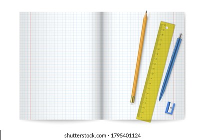 Exercise book or open composition book, ruler, pen, pencil, sharpener in realistic style. Copybook or graph ruled notebook with empty page for schoolwork and stationery. Flat lay. Vector illustration.