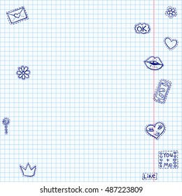 Exercise book page with doodle stickers. Fashion trendy cartoon patch badges. Diary page background. Blue pen sketch vector. Social media funny hashtags texture.