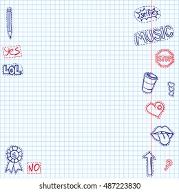 Exercise book page with doodle stickers. Fashion trendy cartoon patch badges. Diary page background. Blue pen sketch vector. Social media funny hashtags texture.