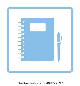 Exercise book with pen icon. Blue frame design. Vector illustration.
