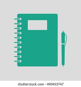 Exercise book with pen icon. Gray background with green. Vector illustration.