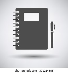 Exercise book with pen icon on gray background with round shadow. Vector illustration.