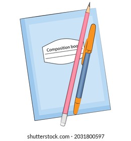 Exercise book, pen and pencil. Vector illustration.
