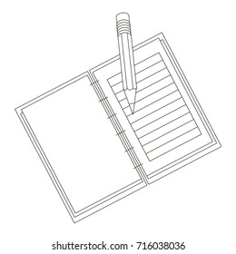 exercise book and pencil cartoon. Outlined illustration with thin line black stroke