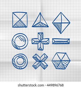 Exercise book polygonal sketch shapes, Sketch figures icon set, Vector illustration