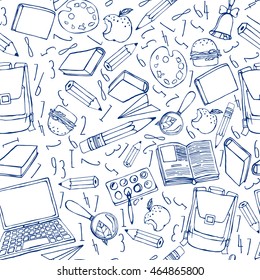 Exercise book seamless pattern with hand drawn school related pictures. Vector illustration in blue pen color on a white background. Back to school concept.