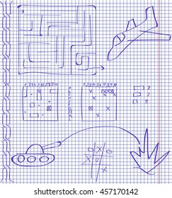 exercise book in a section, the aircraft tank, painted blue pen