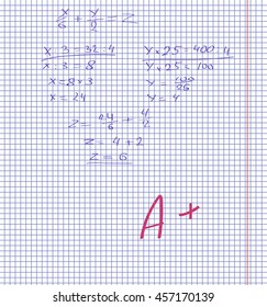 exercise book in a section, the equation is written by hand blue pen, red score plus