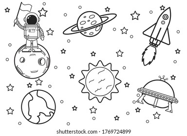 Exercise book sheet with a sweep of space, symbols and design elements: astronauts, UFO, planet, star, rocket. Cartoon background. Vector illustration.