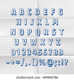 Exercise book sketch font abc sign, set letter. Vector illustration