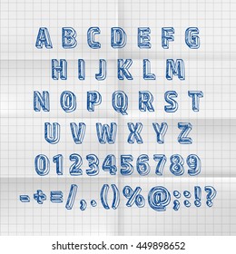 Exercise book sketch font abc sign, set letter. Vector illustration