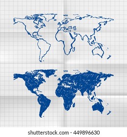 Esbozo de libro de ejercicios de mapa mundial dibujado a mano, elemento de diseño de plantilla. Ilustración del vector