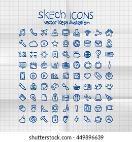 Exercise book sketch of hand drawn icons, template design element. Vector illustration