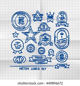 Exercise book sketch of hand drawn labels, template design element. Vector illustration