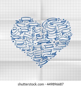 Exercise book sketch of hand drawn ribbon heart, template design element. Vector illustration