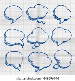 Exercise book sketch of hand drawn comic speech bubbles. Vector illustration