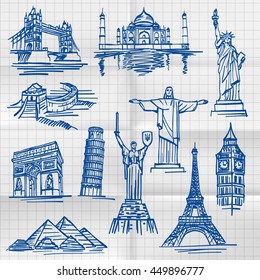 Exercise book sketch of hand drawn tourist places, template design element. Vector illustration