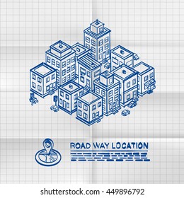 Exercise book sketch Road in the cityscape Isometric, Drawing city location apartment. Vector illustration