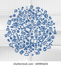 Exercise book sketch set of icons Sciences, Circle many icon set, Circle Education, Circle sign technology, Vector illustration