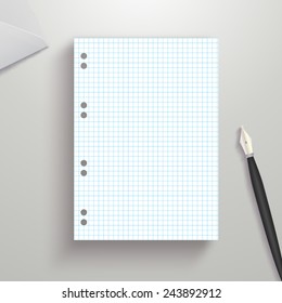 Exercise book squared sheet on table with ink pen and letter. Vector blank mock up illustration.