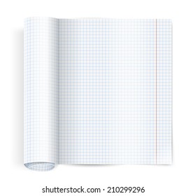Exercise book with twisted page for math spread. Vector illustration.