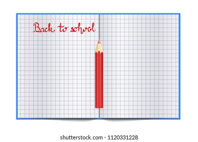 Exercise book for writing spread with empty pages and red pencil. Stock vector illustration