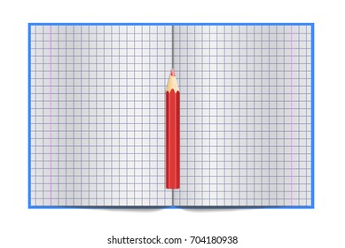 Exercise book for writing spread with empty pages and red pencil. Stock vector illustration