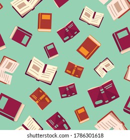 Exercise books on blue backdrop. School seamless pattern for wallpaper, wrap paper, sleeper, bath tile, apparel or bed linen. Phone case or cloth print art. Flat style stock vector illustration