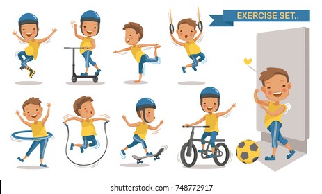 Exercise Boy Set With Play Football, Rope Jumping, Roller Blade, Scooter, Yoga,hang,
Hung, Hula Hoop, Skateboarding, Cycling. Cartoon Character Design. Vector Illustrations.Isolated White Background 