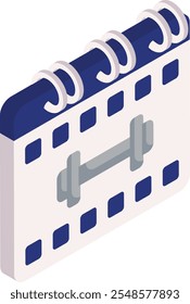 Exercício Calendário conceito isométrico, Anel ligado Fitness Scheduler vetor ícone design, Fitness Wellness símbolo, Treino Sinal de levantamento de peso, Personal treinamento equipamento ilustração stock