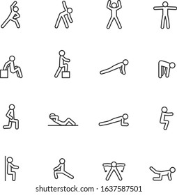 Exercise, charging, icon set. various physical exercises to warm up, and maintain muscle tone, linear icons. Line with editable stroke