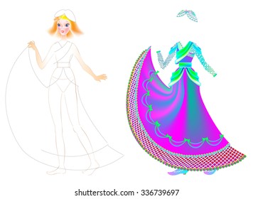 Exercise for children to draw and paint beautiful dress for the favorite doll, vector cartoon image.