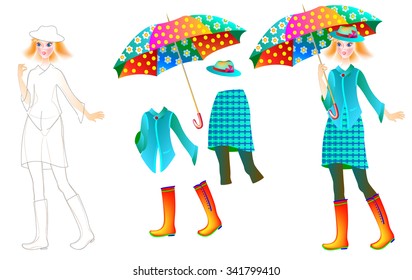 Exercise for children to draw and paint clothes for the favorite doll, vector cartoon image.