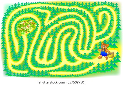Exercise for children. Help a little bear find the berries - draw a track. Developing skills for writing and drawing. Vector image.