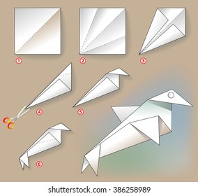 Exercise for children - how to make a bird from a sheet of paper. Vector image.