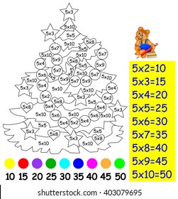 Exercise for children with multiplication by five - need to paint image in relevant color. Developing skills for counting and multiplication. Vector image.