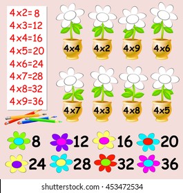Exercise for children with multiplication by four - need to paint the flowers in relevant color. Developing skills for counting. Vector image.