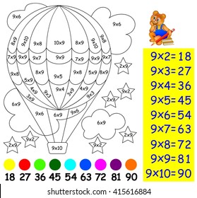 Exercise for children with multiplication by nine - need to paint image in relevant color. Developing skills for counting and multiplication. Vector image.