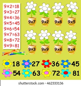 Exercise for children with multiplication by nine - need to paint the flowers in relevant color. Developing skills for counting. Vector image.