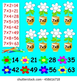Exercise for children with multiplication by seven - need to paint the flowers in relevant color. Developing skills for counting. Vector image.