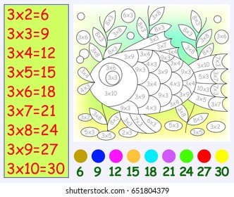 Exercise for children with multiplication by three. Need to paint image in relevant color. Vector image.