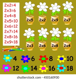 Exercise for children with multiplication by two - need to paint the flowers in relevant color. Developing skills for counting. Vector image.