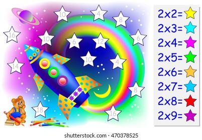Exercise for children with multiplication by two - need to solve examples and paint the stars in relevant colors. Developing skills for counting. Vector image.