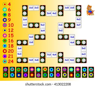 Exercise for children with multiplication. Paint the flowers on corresponding colors using the remaining dominoes. Need to close the circuit. Vector image.