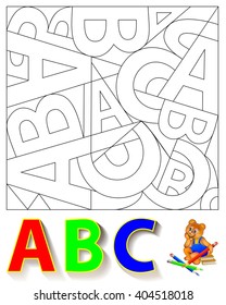 Exercise for children - need to find the hidden letters and paint them in relevant colors. Developing skills for writing and coloring. Vector image.