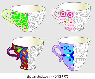 Exercise for children - need to paint the white parts of cups. Developing children skills for coloring. Vector image.