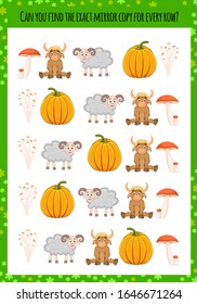 Exercise for children to search for mirrored objects. Cartoon style. Vector illustration