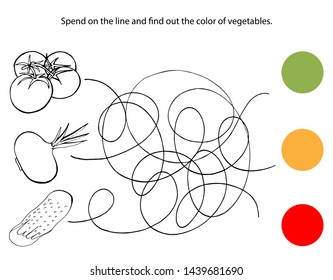 Exercise for children. Swipe the line and find out the color of vegetables. Vector graphics.