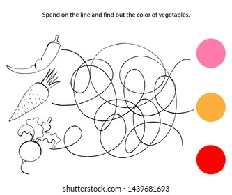 Exercise for children. Swipe the line and find out the color of vegetables. Vector graphics.