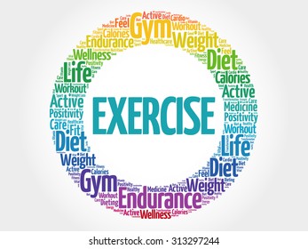 EXERCISE circle stamp word cloud, fitness, sport, health concept